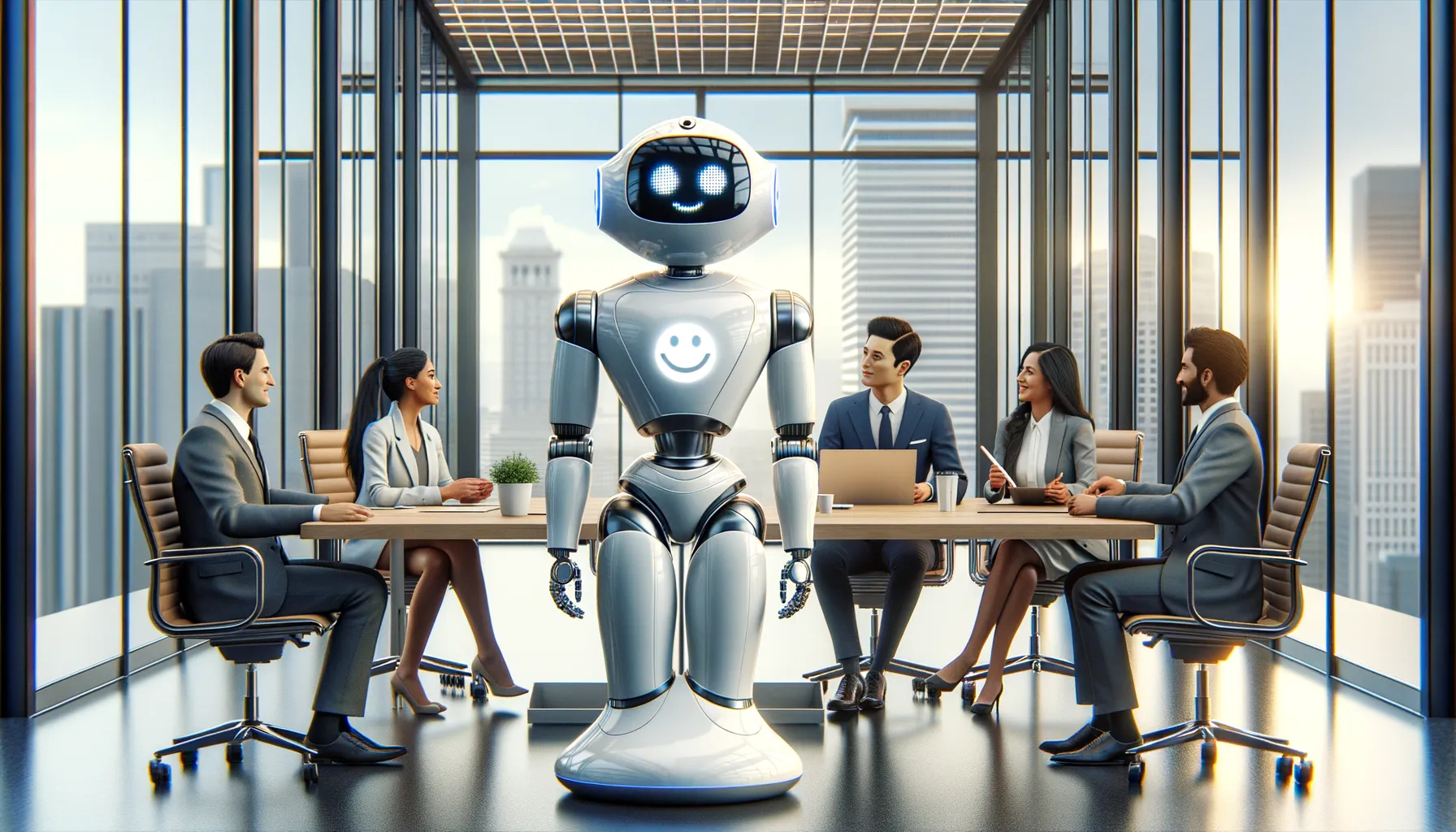 AIロボットとビジネスパーソンが会議室で協働するイメージ